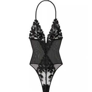 Victoria's Secret Bodysuit One Piece Lingerie Black  Floral Lace nwot